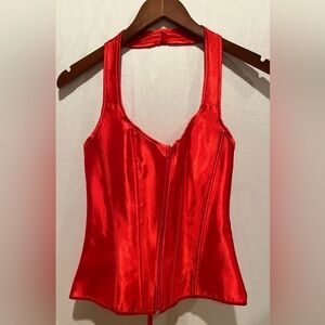 Vibrant Red Satin Corset Top with Lace Back - Red - Sz S
